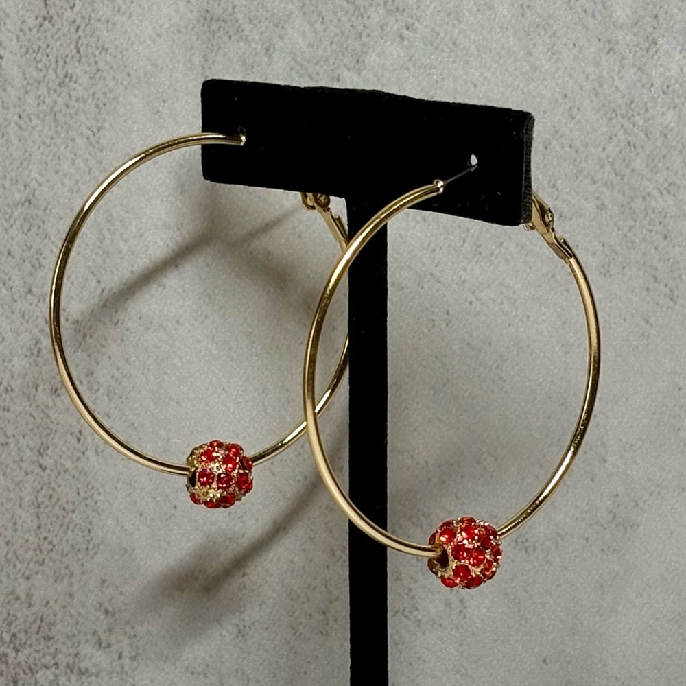 NWT Gold Red Rhinestone Hoop Earrings | Crystal Ball Hoops | Statement Jewelry